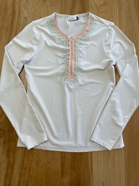 Cabana Life Medium White Embroidered Zipper Rash Guard Swimsuit Sunshirt